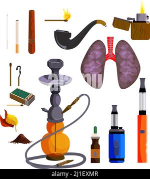 Smoking devices icons set. Vector icons collection on white background, Hookah, lungs, cigar, cigarette. Smoking concept. Illustration can be used for Stock Vector