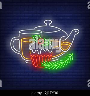Christmas tea neon sign. Cupcake with mistletoe, muffin, pot, cup. Vector illustration in neon style for topics like Xmas, dessert, bakery Stock Vector