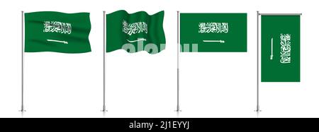 Vector set of Saudi Arabia flags on a metallic pole, isolated on a white background. Stock Vector