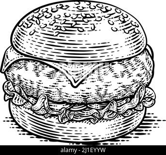 Burger Hamburger Vintage Woodcut Illustration Stock Vector