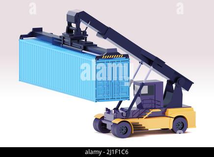 Vector reach stacker or container loader. Crane lifting maritime intermodal cargo container. International trade and logistics illustration Stock Vector