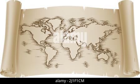World Map Drawing Old Woodcut Engraved Scroll Stock Vector