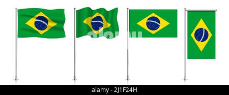 Vector set of Brazil flags on a metallic pole, isolated on a white background. Stock Vector