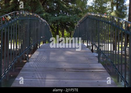 Padlocks on a bridge in a park. Stock Photo