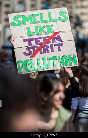 Rome, Italy. 25th Mar, 2022. Today, Fridays for Future Rome - supported by various other environmentalist organizations and movements - held a demonstration in central Rome called Global Strike For Climate. The aim of the rally was to call the Italian Government and all the world Governments, to act for an immediate plan, investments and policies against the so called climate changes and the consequent climate crisis. Stock Photo