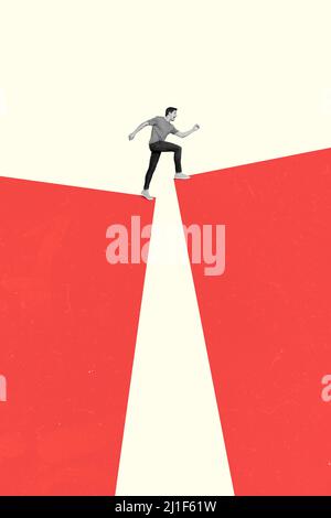 Challenge yourself concept young motivated man go up new career life stage step on red painted floor artwork composite graphics picture Stock Photo