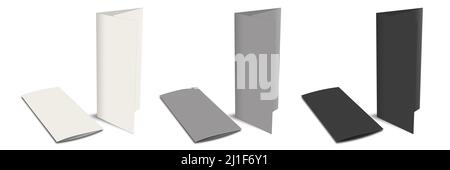 Three brochure blank template white, grey and black for presentation layouts and design. 3D rendering. Digitally Generated Image. Isolated on white ba Stock Photo