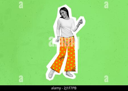 Photo collage of funny youngster girl dancing silhouette highlighted pin up pop artwork style isolated green background composite picture Stock Photo