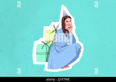 Picture of charming model sitting near big painted gift boxes pop art stylish poster banner isolated on psychedelic teal gradient background Stock Photo