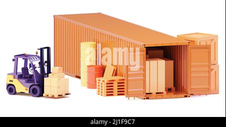 Vector shipping container and forklift. Maritime cargo container loading with pallets and cardboard boxes. Shipping, storage and goods transport Stock Vector