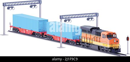 Vector freight train and container railcars. Locomotive and container railroad cars. Railway transportation Stock Vector