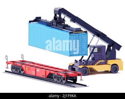 Vector reach stacker or container loader loading railroad car. Crane lifting maritime intermodal cargo container over railcar Stock Vector