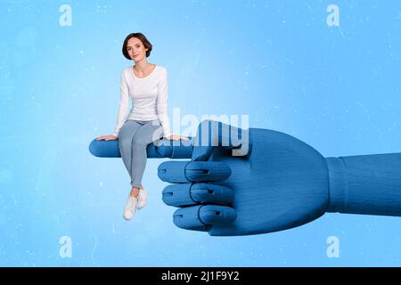 Trend setter collage of funny girl sitting of big wooden hand future technologies help people everywhere fantasy flight isolated blue painted Stock Photo