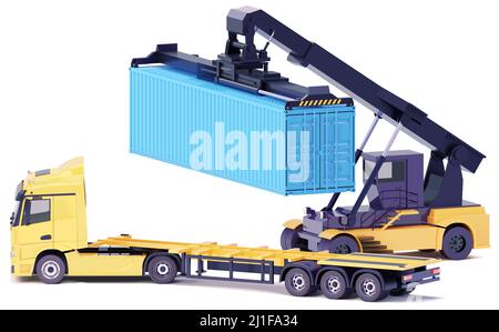 Vector reach stacker or container loader loading truck with semitrailer. Crane lifting maritime intermodal cargo container over semi-trailer. Stock Vector