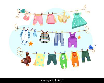 Baby clothes set. Drying clothes collection. Can be used for topics like laundry, housework, infant clothing Stock Vector