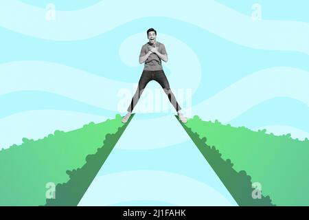 Crazy wanderlust addicted guy step from one hill to another artwork imaginary picture collage contemporary billboard banner nature lover concept Stock Photo