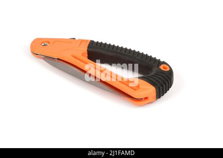Folding garden saw in the folded state isolated on a white background, pocket saw. High resolution photo. Full depth of field. Stock Photo