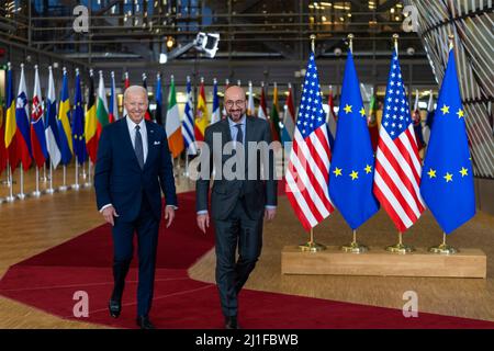 Brussels, Belgium. 24th Mar, 2022. U.S President Joe Biden, walks with European Council President Charles Michel, right, during the emergency meeting of the G7 nations at NATO headquarters, March 24, 2022 in Brussels, Belgium. Biden is hoping allied nations will continue to ramp up pressure on Russia as Ukraine marks a month since the invasion. Credit: Adam Schultz/White House Photo/Alamy Live News Stock Photo