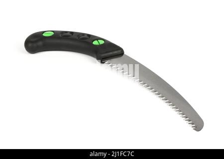 Folding garden saw in the folded state isolated on a white background, pocket saw. High resolution photo. Full depth of field. Stock Photo