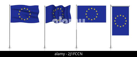 Vector set of European Union flags on a metallic pole, isolated on a white background. Stock Vector