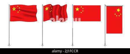 Vector set of China flags on a metallic pole, isolated on a white background. Stock Vector