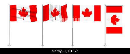 Vector set of Canada flags on a metallic pole, isolated on a white background. Stock Vector
