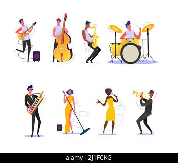 Set of musicians performing on scene. Group of musicians singing and playing musical instruments. Performance concept. Vector illustration can be used Stock Vector