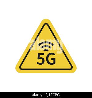 5G yellow triangular warning sign. Danger radiation vector Stock Vector