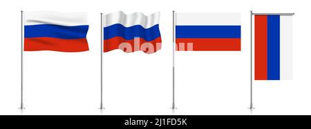 Vector set of Russia flags on a metallic pole, isolated on a white background. Stock Vector
