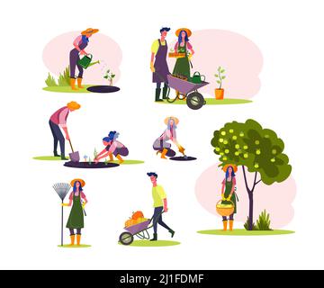 Work in garden set. Man and woman watering seedling, planting trees, picking fruits, harvesting. People concept. Vector illustration for topics like h Stock Vector