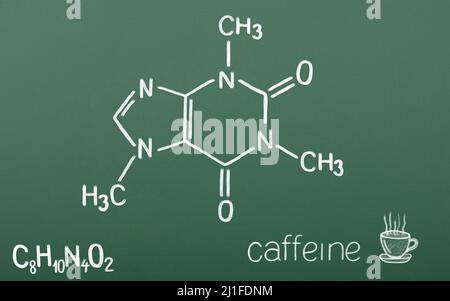 Chemical structural formula of caffeine drawn on chalkboard. Isolated on schoolboard background Stock Photo