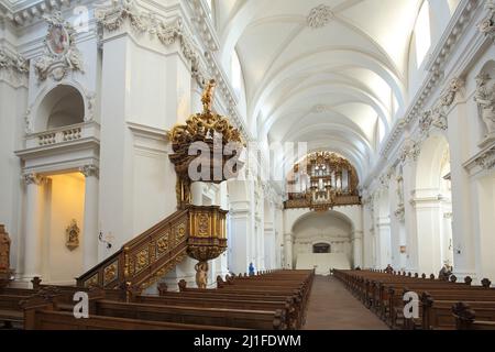 Pulpit and organ in the baroque cathedral in Fulda, Hesse, Germany Stock Photo