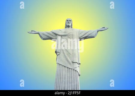 Statue of Christ the Redeemer in Rio de Janeiro City of Brazil on Abstract Backdrop of Gradient Blue and Yellow Radial Beam Stock Photo