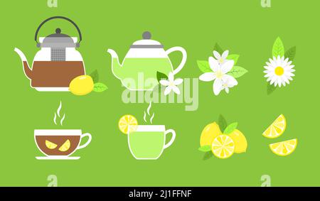 Glass tea elements collection with lemon, jasmine, chamomile. Vector illustration. Stock Vector