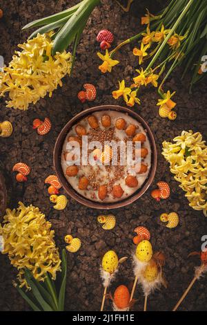 Easter dessert concept, carrot cake with Easter decoration, top view Stock Photo
