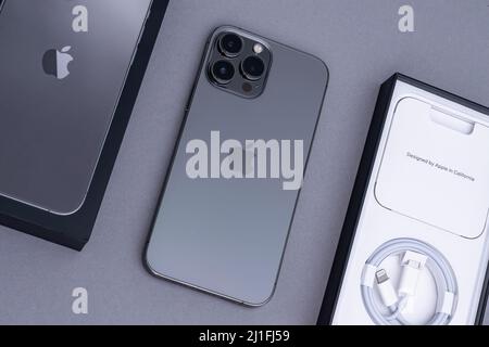 Minsk, Belarus - March 2022: Apple iPhone 13 Pro Max. The phone is new to the iPhone line. On a gray background. Stock Photo