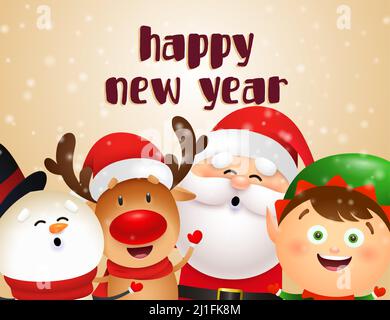 New Year postcard design with Christmas characters. Snowman, reindeer, elf and Santa singing and having fun. Vector illustration used for festive post Stock Vector