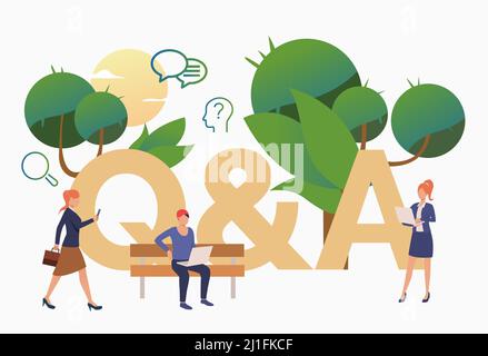 People getting answers for troubling questions. FAQ, confusion, support. FAQ concept. Vector illustration for website, landing page, online store Stock Vector