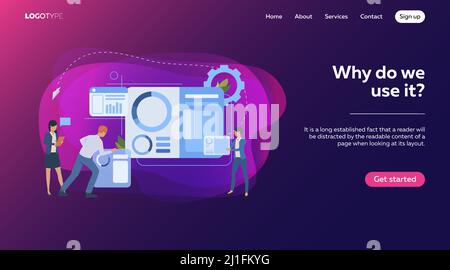 Business team constructing infographics. Man and woman holding parts, teamwork, work on project vector illustration. Business concept for banner, webs Stock Vector