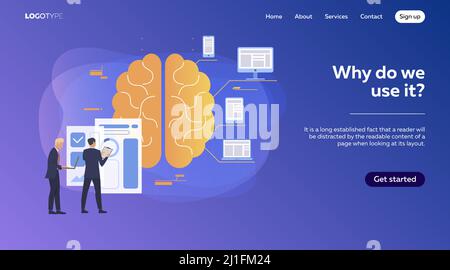Business team analyzing ideas for project. Men studying infographics, brainstorming, brain vector illustration. Business concept for banner, website d Stock Vector