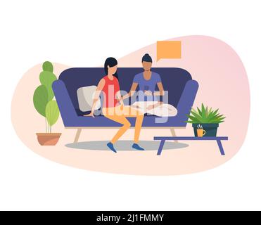 Female friends using smartphone together. Sitting on couch, chatting on phone, speech bubble. Friendship concept. Vector illustration for posters, pre Stock Vector
