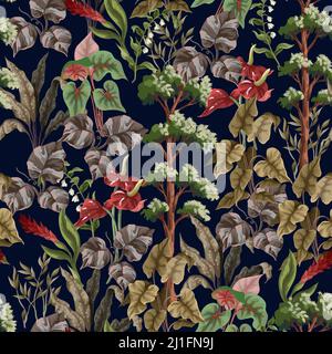 Seamless pattern with jungle trees and tropical plant. Vector. Stock Vector