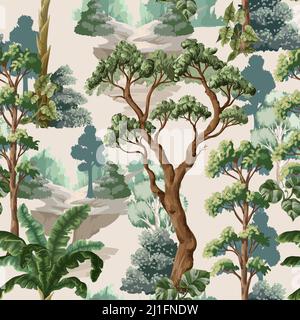 Seamless pattern with jungle trees and tropical plant. Vector. Stock Vector