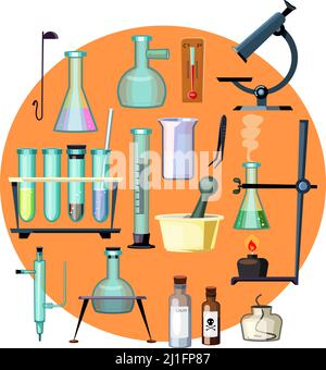 Laboratory equipment set illustration. Microscope and different flasks on orange background. Can be used for topics like experiments, chemistry, scien Stock Vector