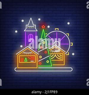 Christmas fun fair neon sign. Glowing neon fir tree, garlands, attractions. New year, Christmas, winter. Vector illustration in neon style for greetin Stock Vector