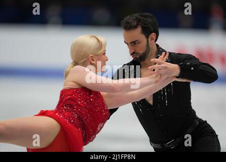 Sud de France Arena, Montpellier, France. 25th Mar, 2022. Olivia Smart and Adrian Diaz from Spain during Pairs Ice Dance, World Figure Skating Championship at Sud de France Arena, Montpellier, France. Kim Price/CSM/Alamy Live News Stock Photo