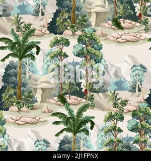 Seamless pattern with jungle trees and tropical plant. Vector. Stock Vector