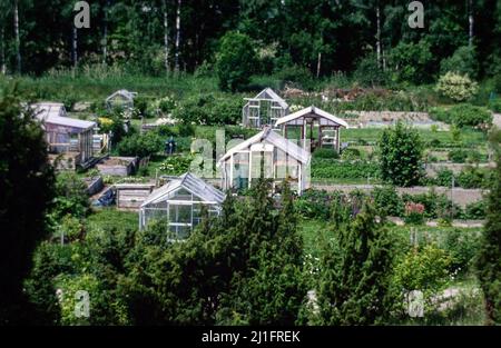 allotment garden in springtime. A plot of land for families to grow vegetables for personal use. Stock Photo