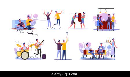 Male friends spending time together set. Two guys playing video game, guitar, boxing, drinking in bar. Flat vector illustrations. Friendship concept f Stock Vector