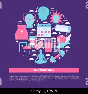 Menstruation pain round concept banner in flat style. Dysmenorrhea symptoms and treatment symbols. Medical vector illustration. Stock Vector